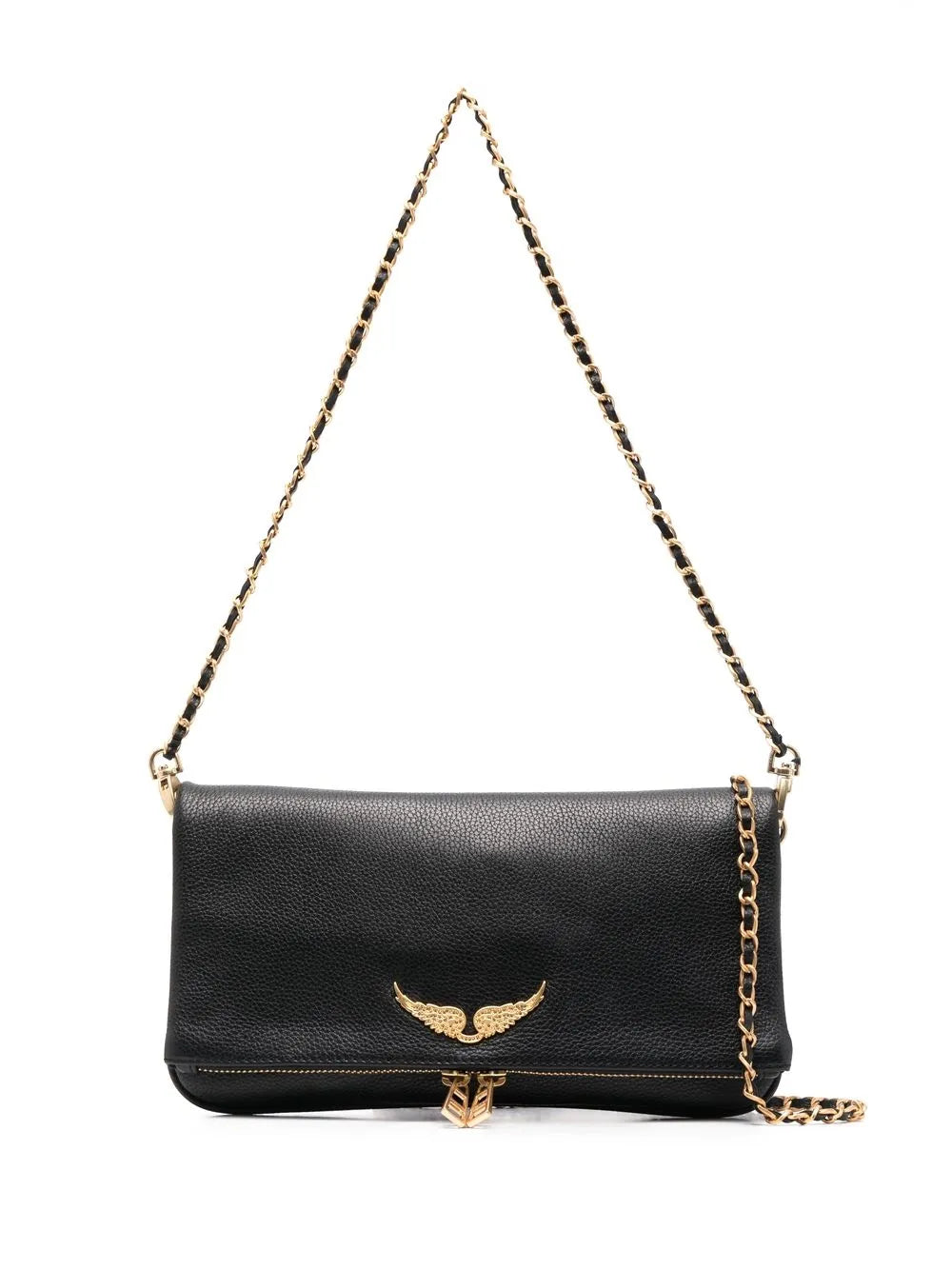 zadig et voltaire rock clutch bag in black grained leather with gold tone hardware