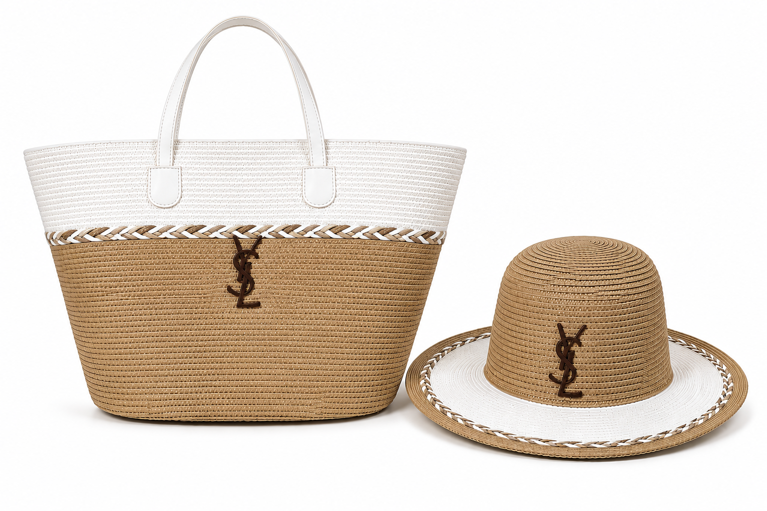 Saint Laurent woven tote bags and matching hats
