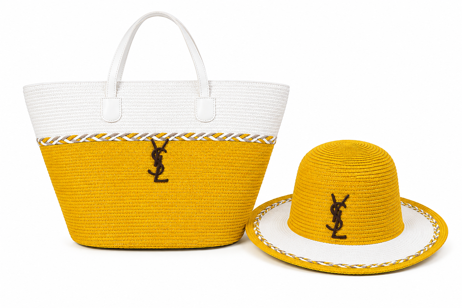 Saint Laurent woven tote bags and matching hats