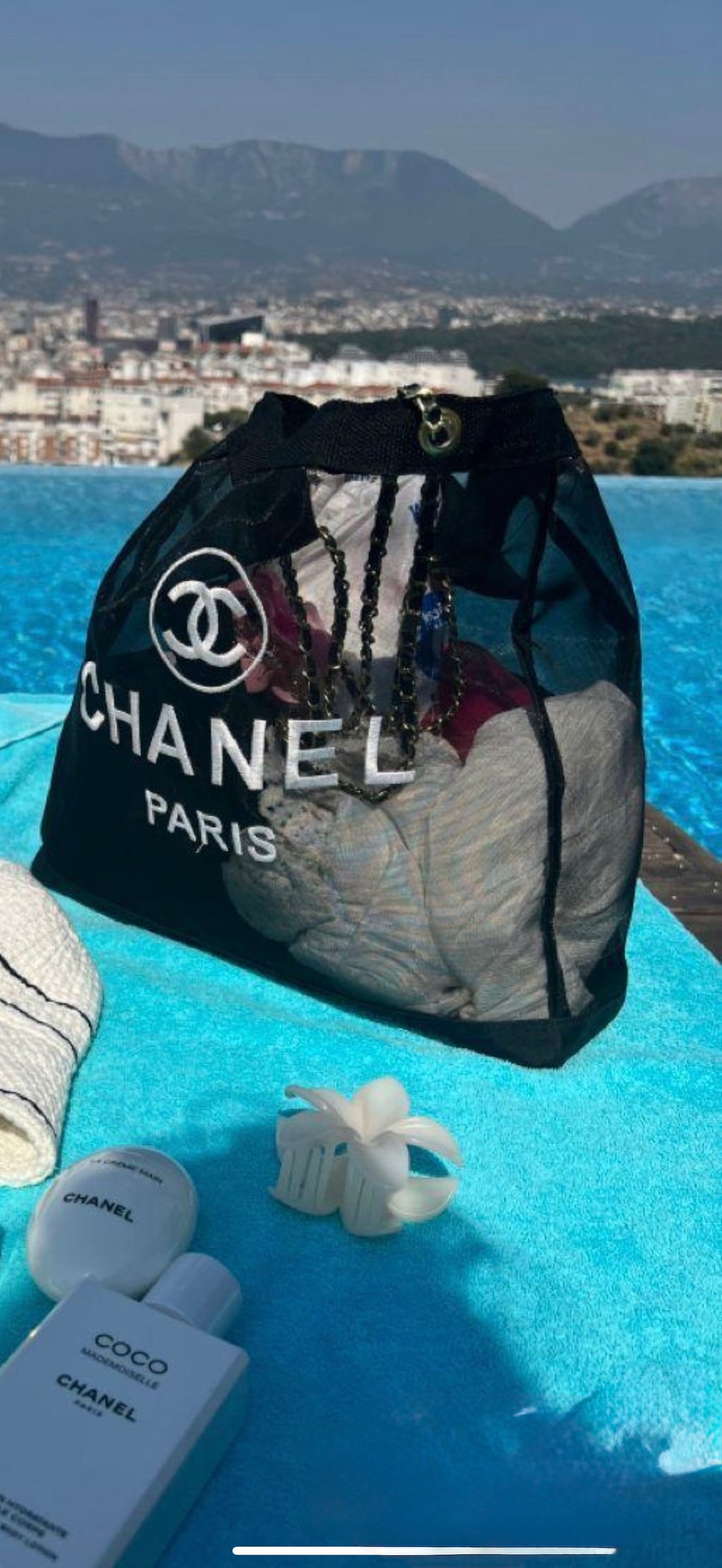 Chanel VIP gift black mesh beach tote bag